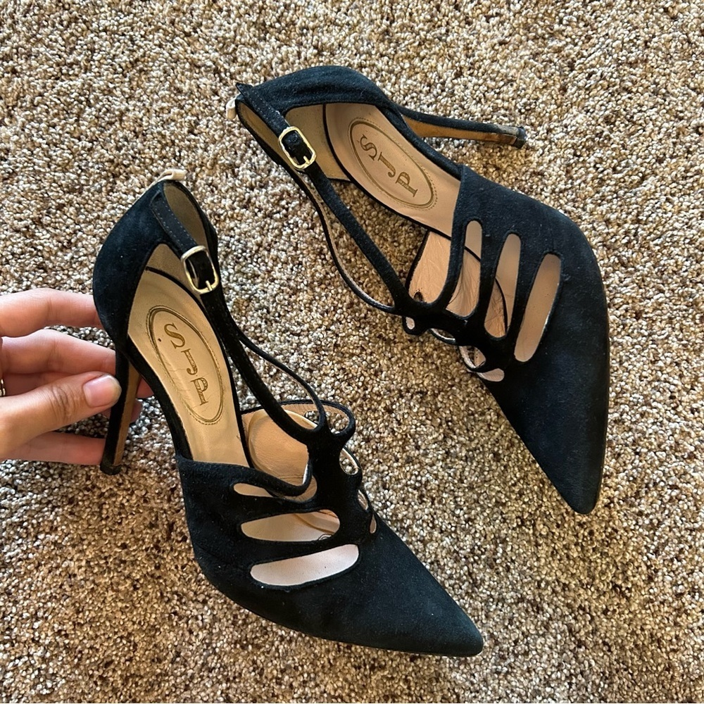 SJP Black Suede Ankle Buckle, Cut Out Stiletto Pump | 35